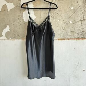 Vintage Black Satin Lace Slip Dress Appliqué Detail Coquette 90s Lingerie M